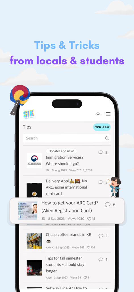 Study In Korea - 入国手続きや外国人登録証（ARC）カードガイドを含む、留学生向けのヒントとコツのリストが表示されたStudy In Koreaアプリのインターフェースを示すスマートフォンの画面。