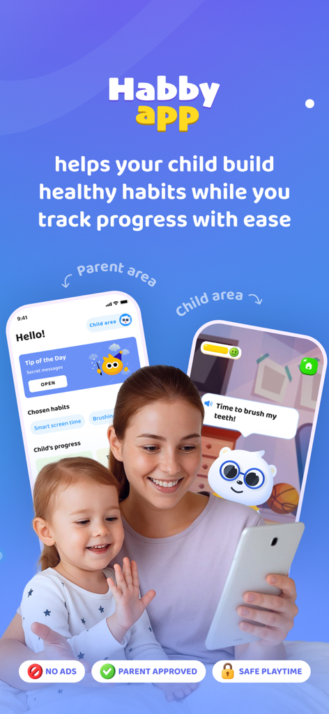 HabbyApp: Kids Habit & Routine - A mother and daughter using HabbyApp to build healthy habits and track routine progress on a tablet.