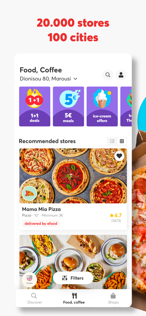 efood delivery: food, grocery - Efood delivery app interface showing various food deals and recommended local restaurants