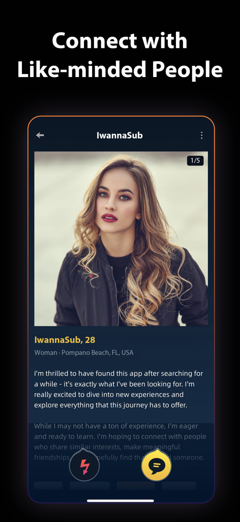 A user profile on the KinkD app showing a woman named IwannaSub with a brief bio.