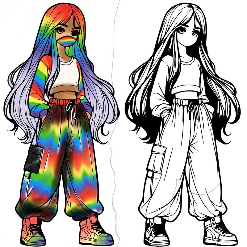 realistic girl with long hair and baggy pants