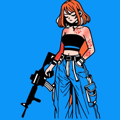 a dangerous girlcrop top and baggy jeans with a rifle in her hand