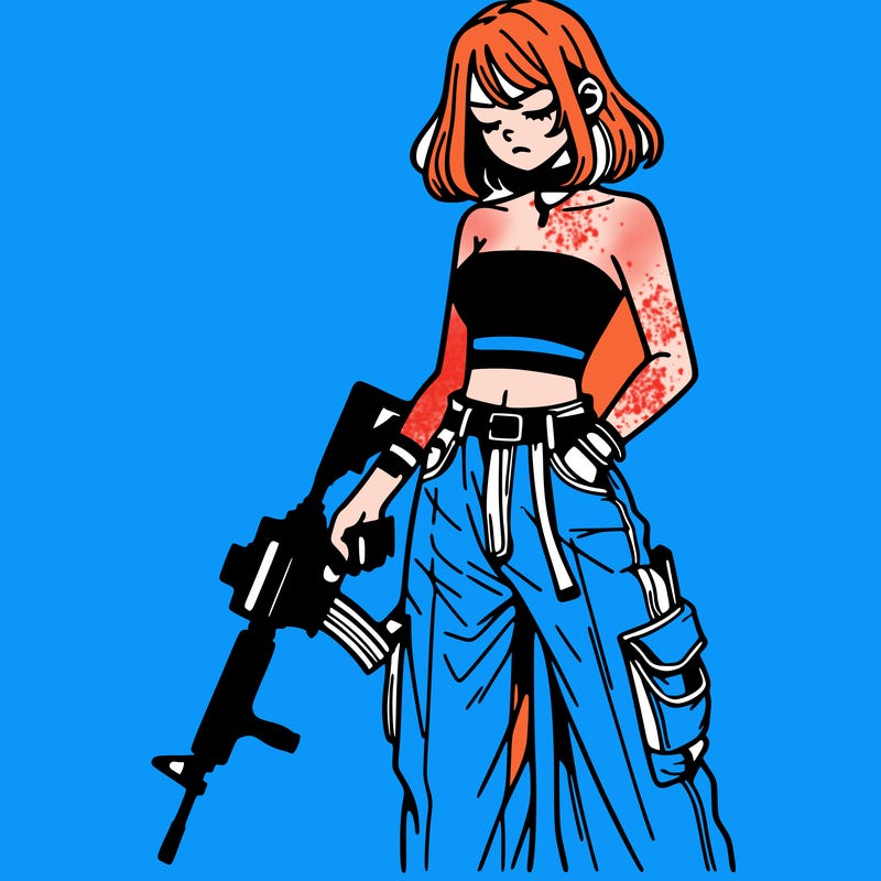 a dangerous girlcrop top and baggy jeans with a rifle in her hand