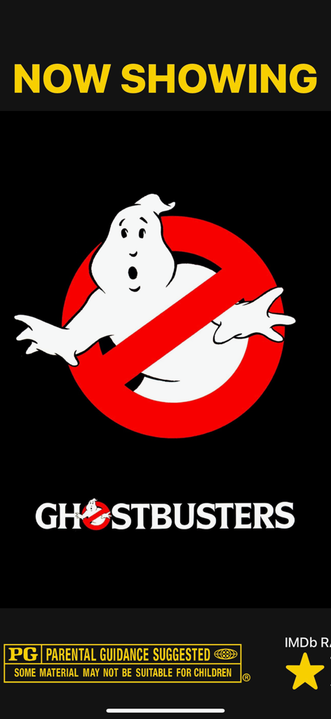 Now Showing – Movie Poster TV - Digital movie poster for Ghostbusters displayed on the Now Showing app interface for home theaters.