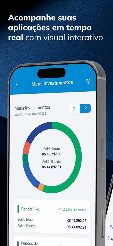 Aplicación móvil Daycoval mostrando un panel interactivo de cartera de inversiones con detalles de saldo y gráficos de rendimiento.