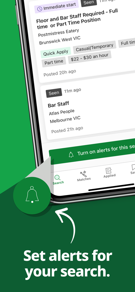 Um smartphone exibindo o recurso do aplicativo Jora Jobs para configurar alertas para pesquisas de vagas