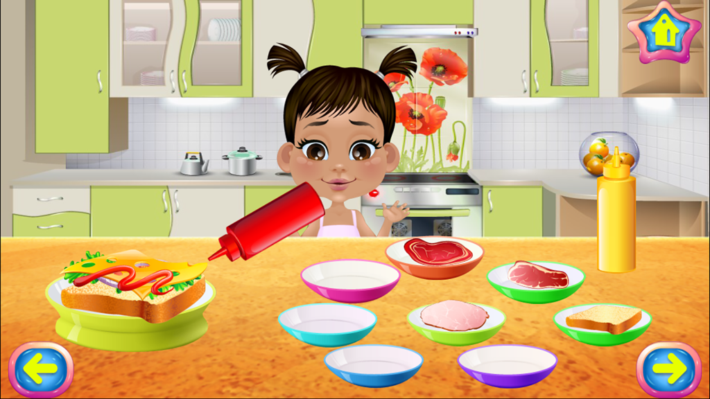 Baby Nursery Fun - Kids Games for Girls and Boys - A baby character in a kitchen making a custom sandwich with bread, cheese, and ketchup