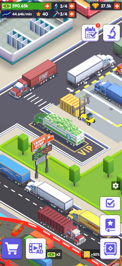 Truck Stop Tycoon-idle game - Vista isométrica de uma parada de caminhão movimentada com vários caminhões e interface de jogo