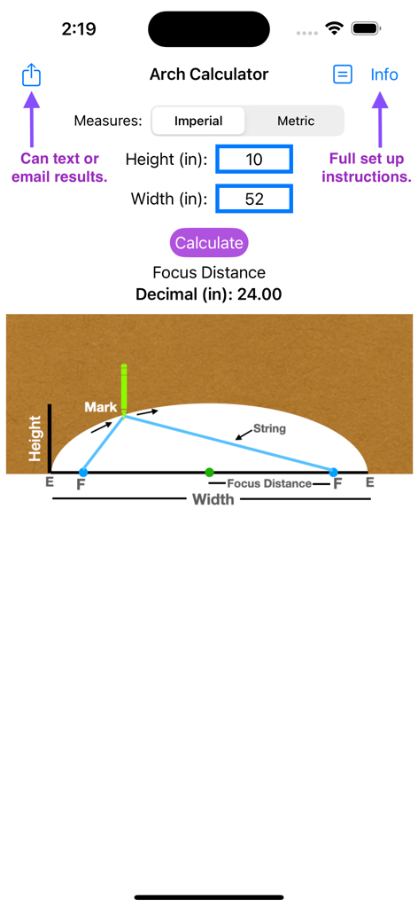 Arch Layout Calculator app interface showing height and width inputs and an elliptical arch layout diagram