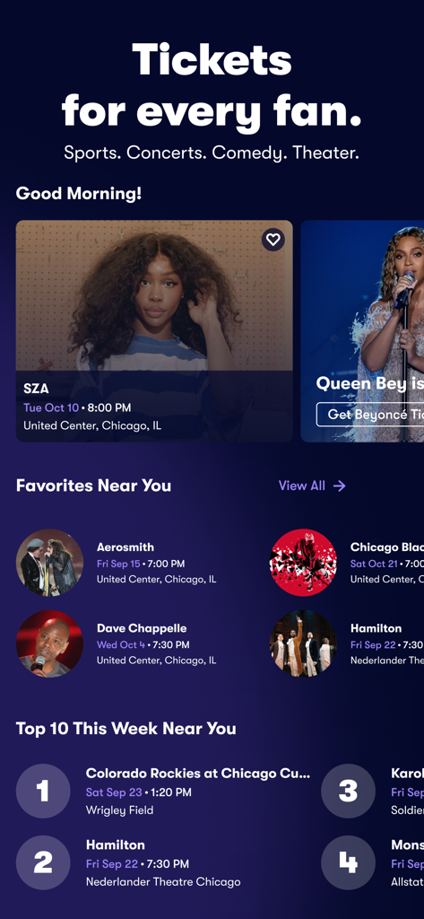Vivid Seats app home screen showing ticket options for concerts sports and theater events