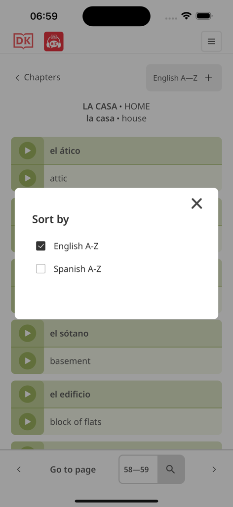 DK Bilingual Visual Dictionary - Sorting menu in the DK Bilingual Visual Dictionary app showing English and Spanish options.