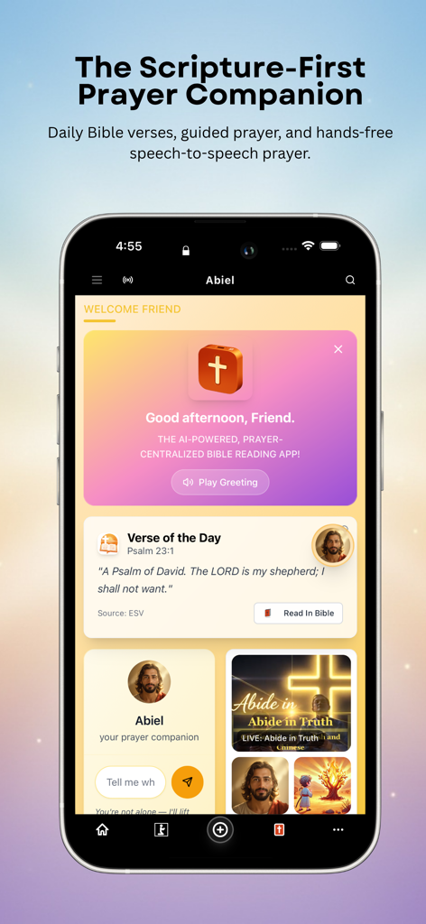Abiel – Prayer Companion - Pantalla de inicio de la aplicación Abiel Prayer Companion con el Versículo del Día y herramientas de oración guiadas por las Escrituras