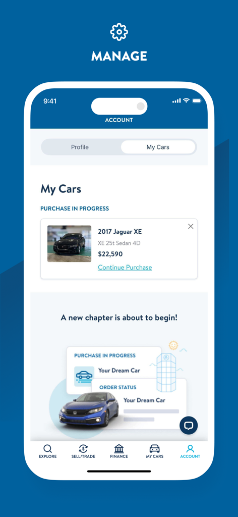Carvana: Buy/Sell Used Cars - Carvana app account screen showing a used car purchase in progress and order status tracking