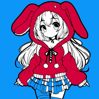 pretty anime girl wearing a fluffy hoodie with bunny ears on the hood and a skirt