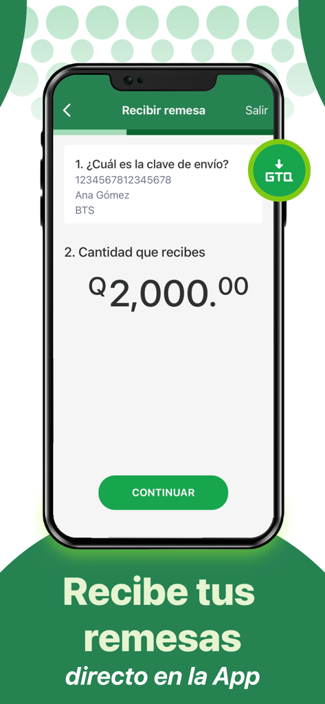 Banco Azteca Guatemala - Interfaz de la aplicación Banco Azteca Guatemala que muestra el proceso para recibir remesas directamente en el teléfono móvil.