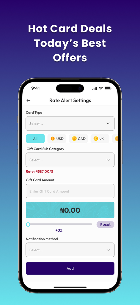 GiftCard8:Redeem Gift Cards - GiftCard8 app interface showing rate alert settings for gift card exchange.