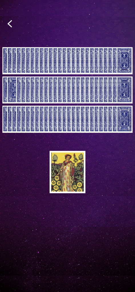 A tarot card reading screen featuring the Nine of Pentacles card selected from three rows of face-down cards on a purple starry background.