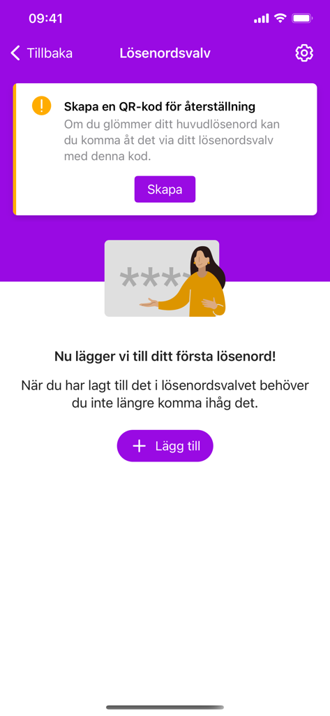 Telia Trygg App-Bildschirm zur Einrichtung des Passwort-Tresors und zur Erstellung eines Wiederherstellungs-QR-Codes.