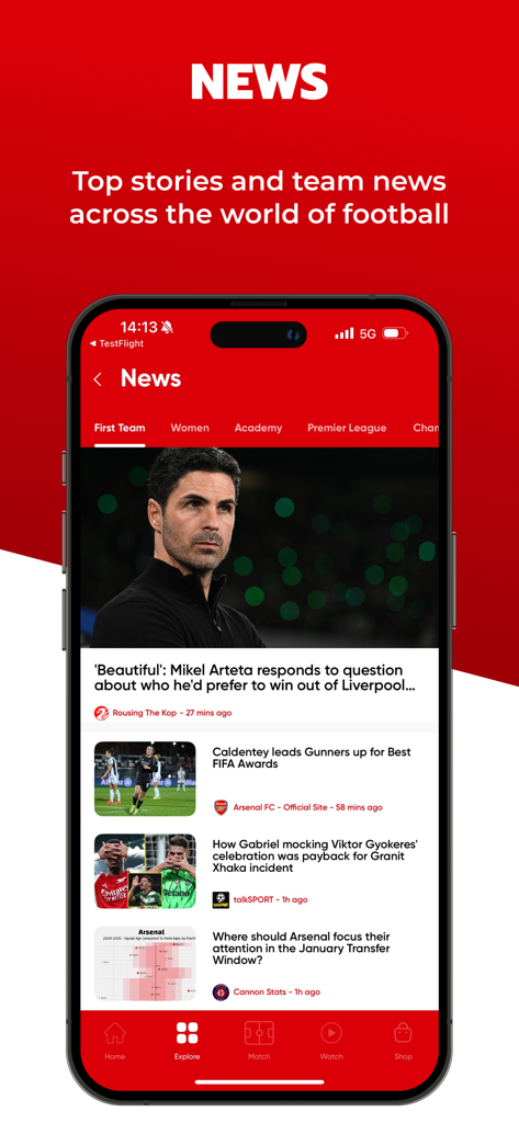 Gunners - Live Scores & News - A news feed on the Gunners app featuring Arsenal first team stories and football transfer updates