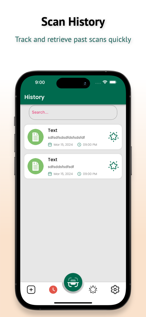 EasyScan: Barcode & QR Scanner - La pantalla de historial de escaneos de la aplicación EasyScan Barcode and QR Scanner que muestra una lista de escaneos anteriores.