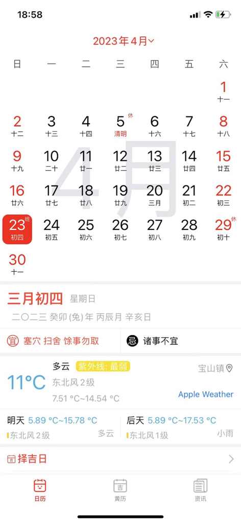 A mobile app screen showing a Chinese lunar calendar with auspicious day recommendations and daily weather forecast.