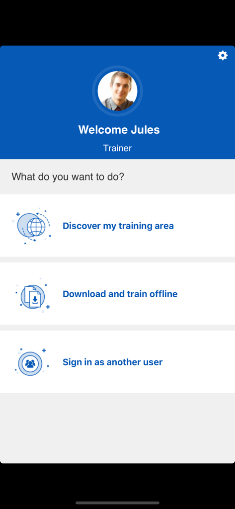 Cegid Talentsoft LMS App - User welcome screen of the Cegid Talentsoft LMS app showing options to discover training area and download content for offline use