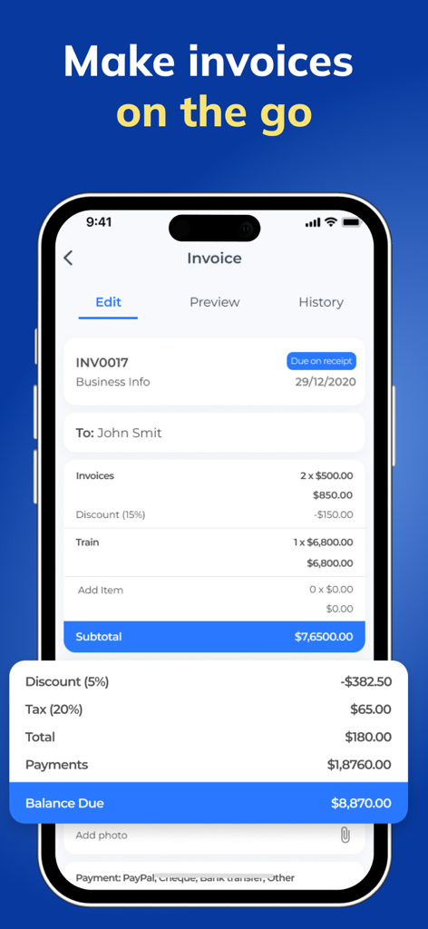 Zintego - Invoice Maker - Interface do aplicativo móvel Zintego mostrando uma fatura detalhada sendo editada em um iPhone