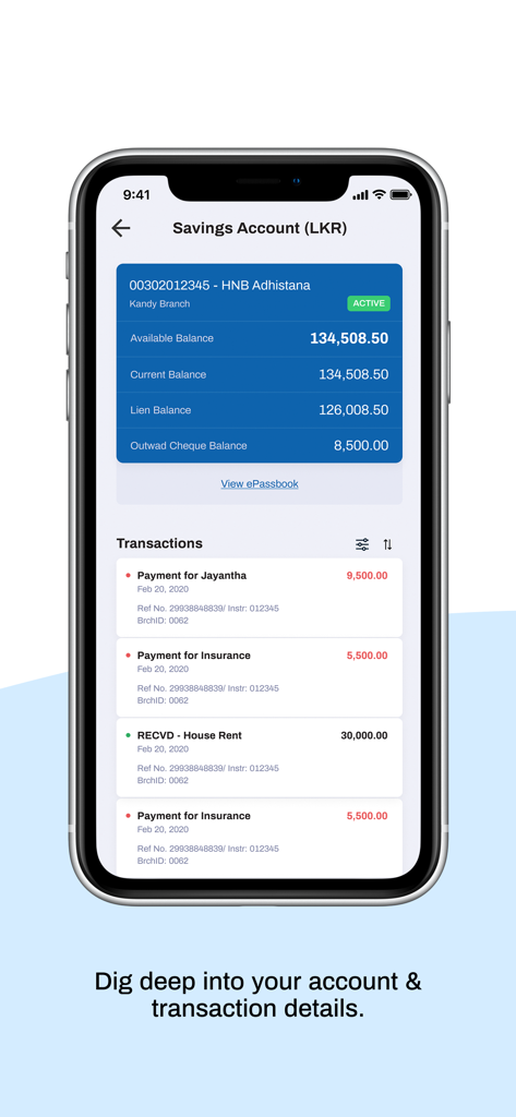 HNB Digital Banking - Interface de l'application HNB Digital Banking montrant les soldes des comptes d'épargne et l'historique récent des transactions
