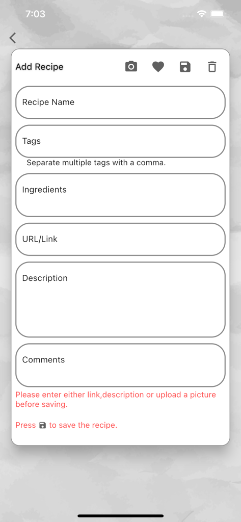 Rezept hinzufügen Bildschirm mit Eingabefeldern für Rezeptname, Tags, Zutaten und URL in der Mein Kochbuch App.