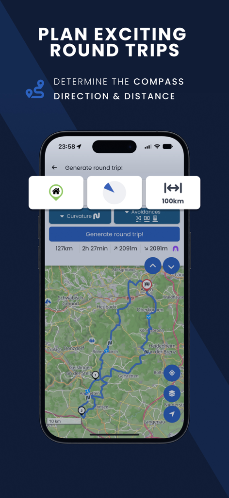 Kurviger Motorcycle Navigation - Kurviger app interface for generating motorcycle round trips based on direction and distance.