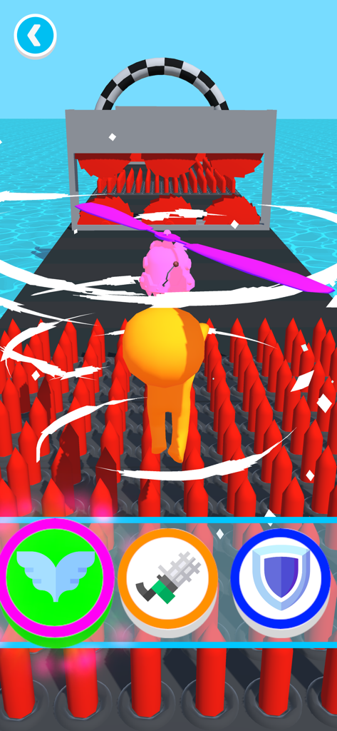 Robot Buddy 3D - Amigo robot amarillo con un sombrero de hélice rosa volando sobre un campo de púas rojas en un entorno 3D