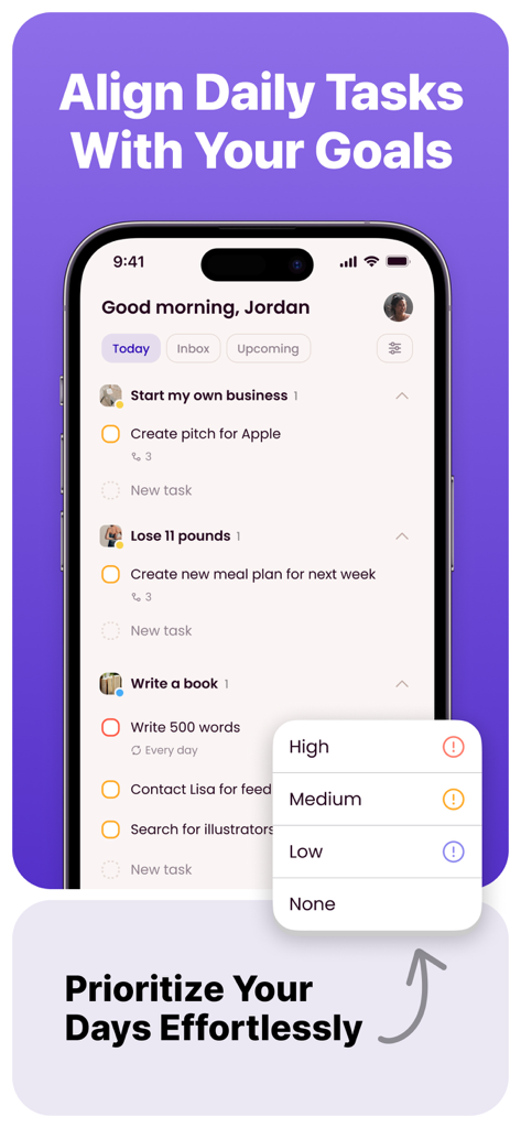 Goal Tracker: Griply - Griply app interface showing how to align daily tasks with life goals like starting a business or health targets using priority levels.