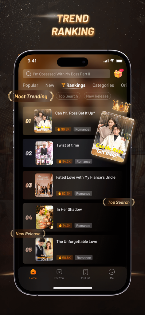 HoneyReels - Interface de l'application HoneyReels montrant les drames romantiques courts les plus tendances dans une liste classée.