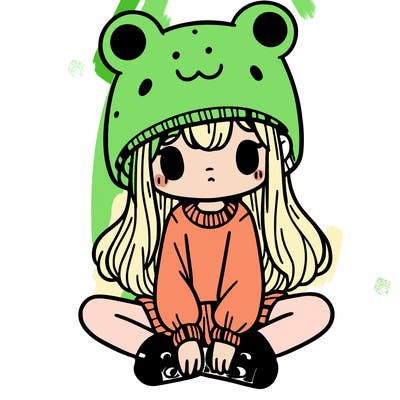 a girl wearing a frog hat and some frog socks