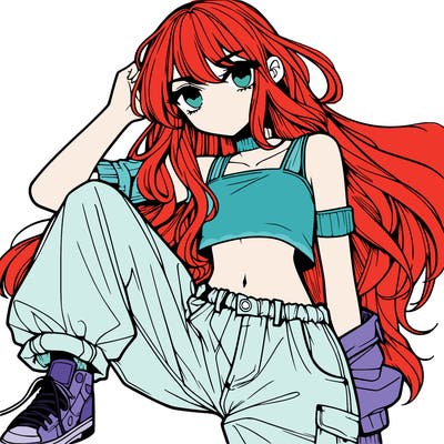 manga girl with crop top and baggy jeans and long hair