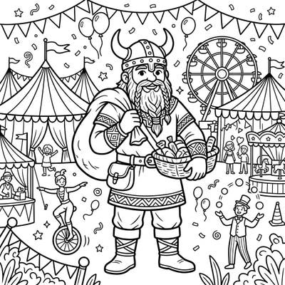 Embark on an epic coloring journey with this delightful scene featuring a friendly Viking trader enjoying the vibrant chaos of a carnival. This intricate design offers hours of creative fun for colorists of all ages.