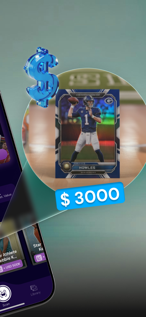 TCG Card Scanner - Kardo - A sports card being scanned by Kardo app showing a market price of three thousand dollars