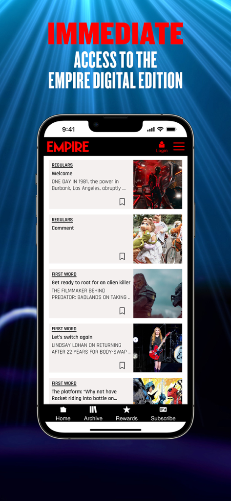 Empire Magazine - Ein Smartphone, das den Nachrichtenfeed der Empire Magazine App mit verschiedenen Filmartikeln und exklusiven Filminhalten anzeigt.