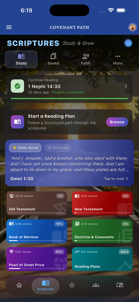 Covenant Path - The scriptures study dashboard in the Covenant Path app showing reading progress for LDS standard works and a daily verse.
