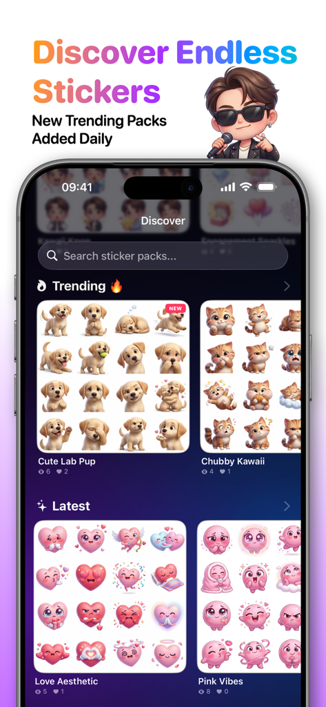 StickerVerse: AI Sticker Maker - StickerVerse app interface showing the Discover screen with trending puppy and kitten sticker packs.