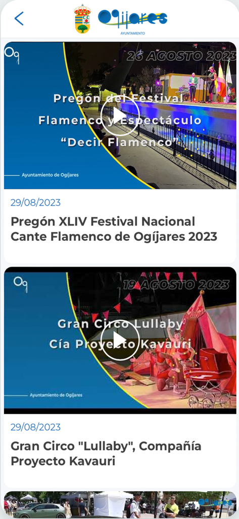 Mobile app interface for Ogijares showing local municipal news and cultural events like a flamenco festival and circus performance.