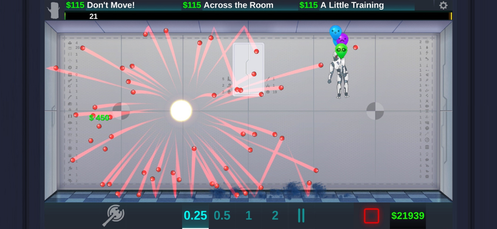 Happy Room - A screenshot from the Happy Room game showing a robot being targeted by multiple red projectiles from a central energy source in a laboratory setting.