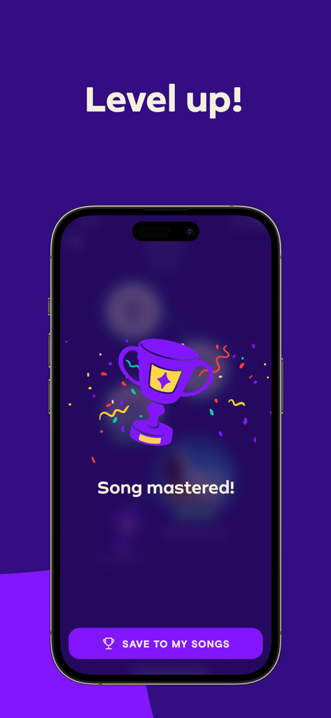 A mobile screen from the Simply Sing app showing a level up celebration with a trophy and the text song mastered