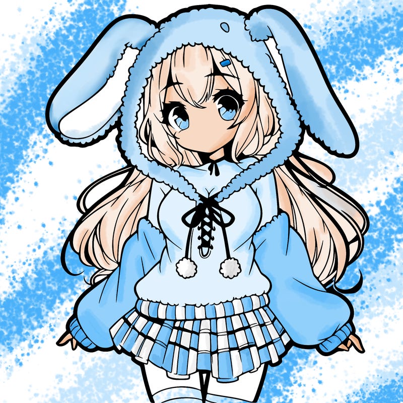 pretty anime girl wearing a fluffy hoodie with bunny ears on the hood and a skirt