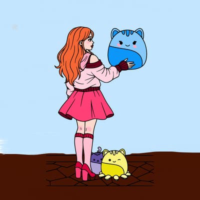 three squishmallows and a girl holding one with arm warmers and leg warmers and a skirt with a off the shoulder hoodie and heels