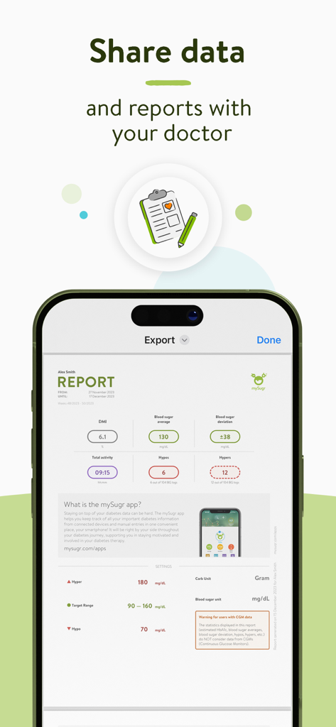 mySugr App-Oberfläche, die einen detaillierten Diabetes-Gesundheitsbericht für die medizinische Weitergabe zeigt.