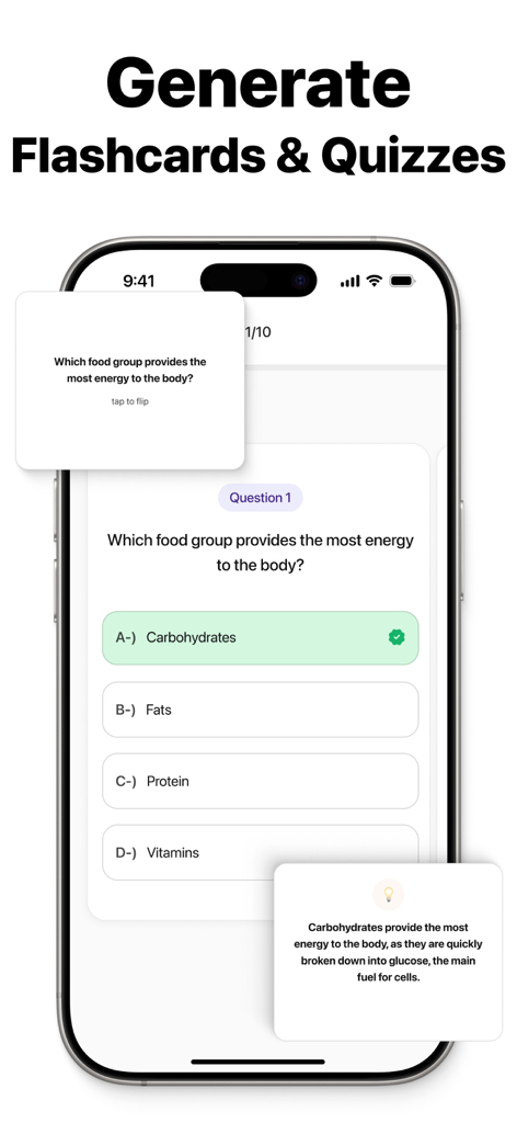 Note AI: Smart Note Taker - Note AI app interface displaying an automatically generated quiz question and flashcards for studying.