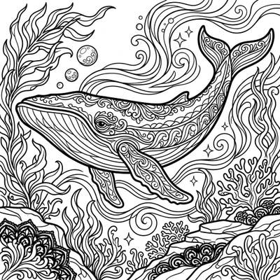Embark on a unique coloring journey with this majestic blue whale, rendered in a captivating Gothic style. Its body is adorned with intricate Victorian patterns, swimming through a mysterious, ornate undersea world waiting for your artistic touch.
