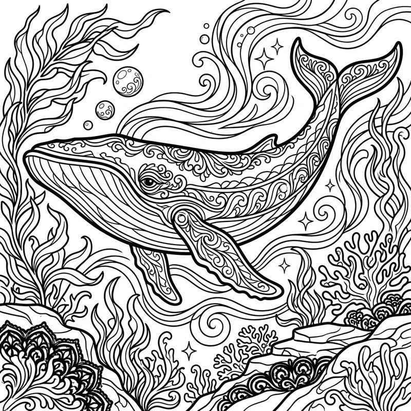 Embark on a unique coloring journey with this majestic blue whale, rendered in a captivating Gothic style. Its body is adorned with intricate Victorian patterns, swimming through a mysterious, ornate undersea world waiting for your artistic touch.