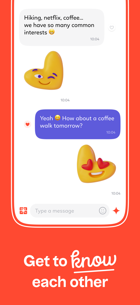 Kismia Dating - Meet Singles - Una interfaz de chat en la app de citas Kismia mostrando a dos usuarios discutiendo intereses comunes y planeando una cita para tomar café con emojis de corazón